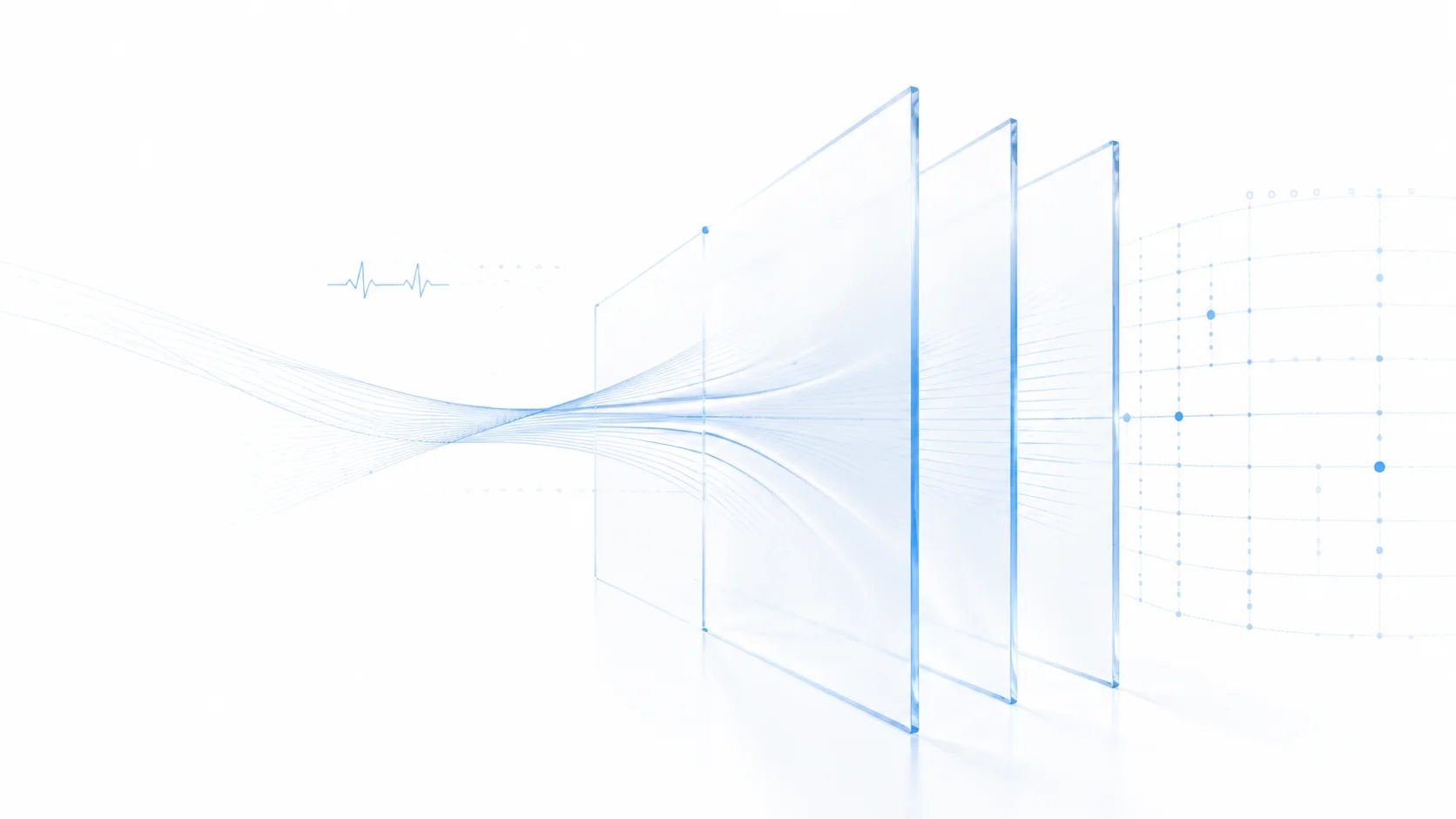 Healthcare intelligence moving through transparent policy and safety layers into an accountable system